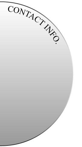 Half circle image with text stating contact info